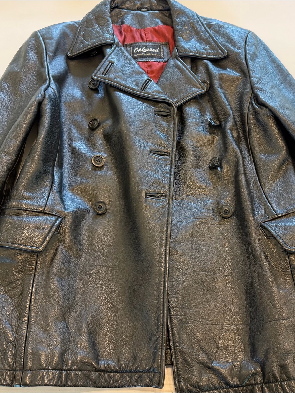 Vintage Oakwood Classic Black Leather Car Coat Double-Breasted Peacoat Red Line